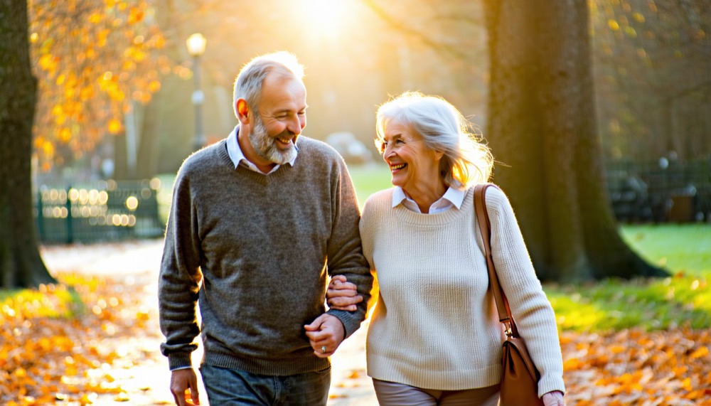 Retired couple walking in park